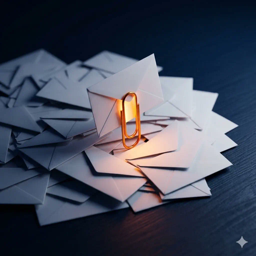 תיבת דואר Gmail עם שורת חיפוש מודגשת שמסננת מיילים עם קבצים מצורפים, סמל אטב גדול בולט ליד תוצאות החיפוש