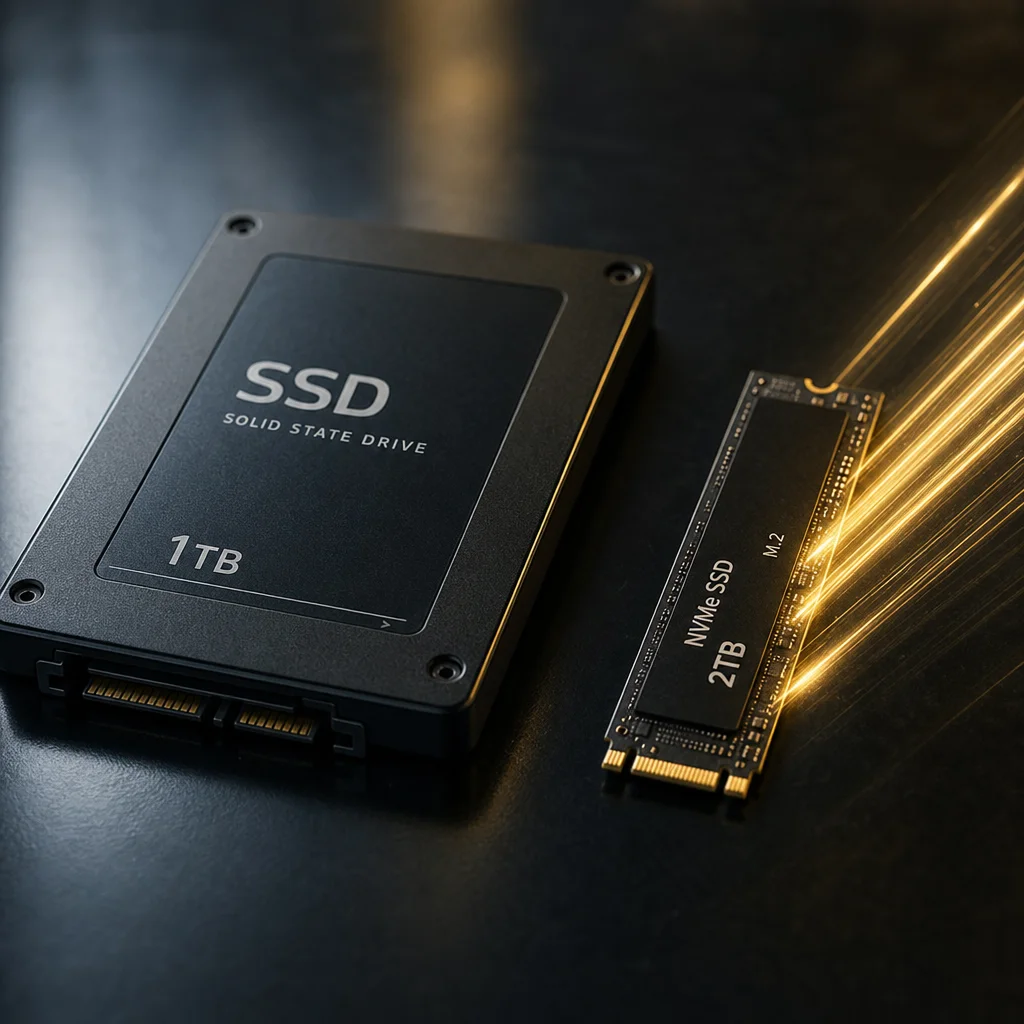 כונן SSD רגיל בגודל סטנדרטי לצד כונן NVMe זעיר בפורמט M.2, עם פסי אור זהובים, על משטח כהה ומבריק