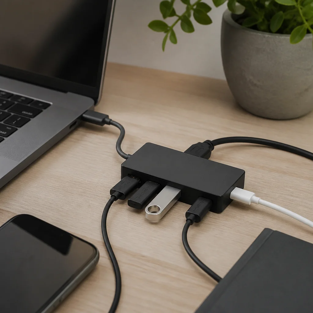מפצל USB שחור על שולחן עץ עם כמה מכשירים מחוברים אליו, כדימוי לחיבור הרבה מכשירים יחד